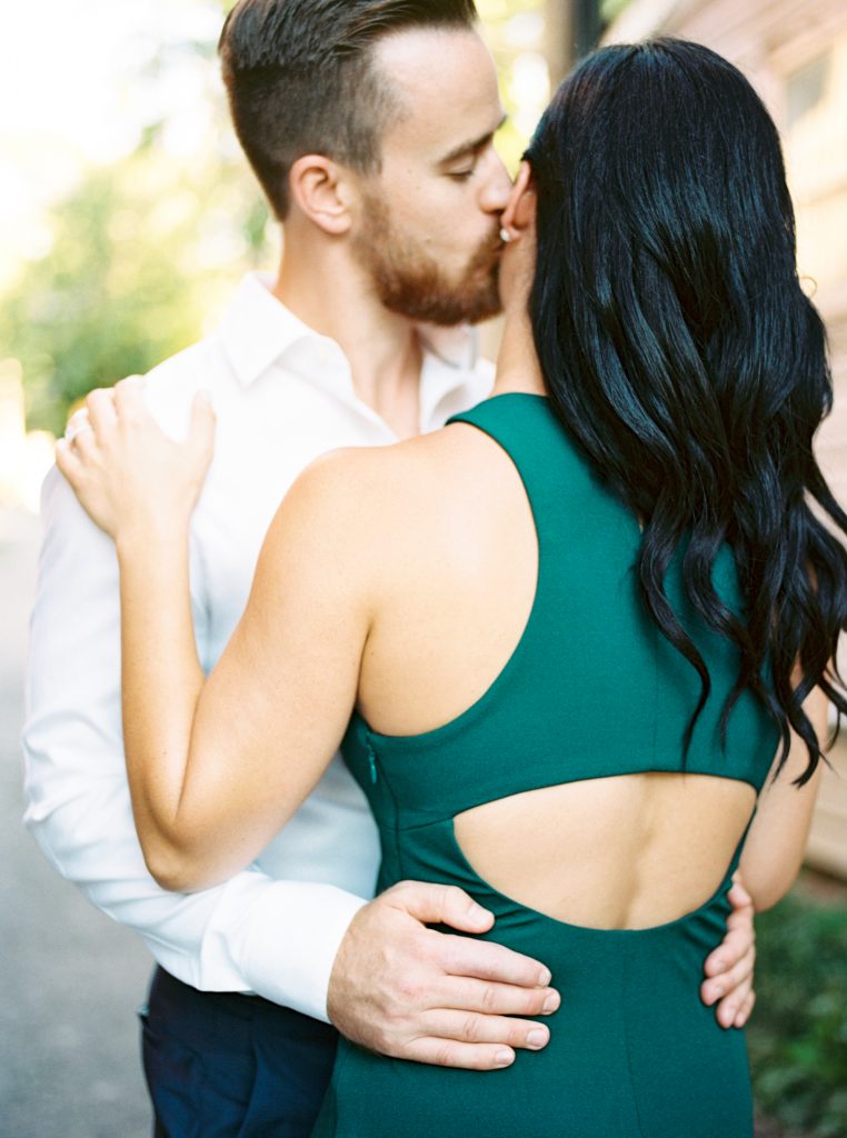 Downtown Hamilton engagement session with an emerald green Vera Wang dress photographed on Locke Street and along Princess Point by Hamilton wedding photographer Kayla Yestal www.kaylayestal.com