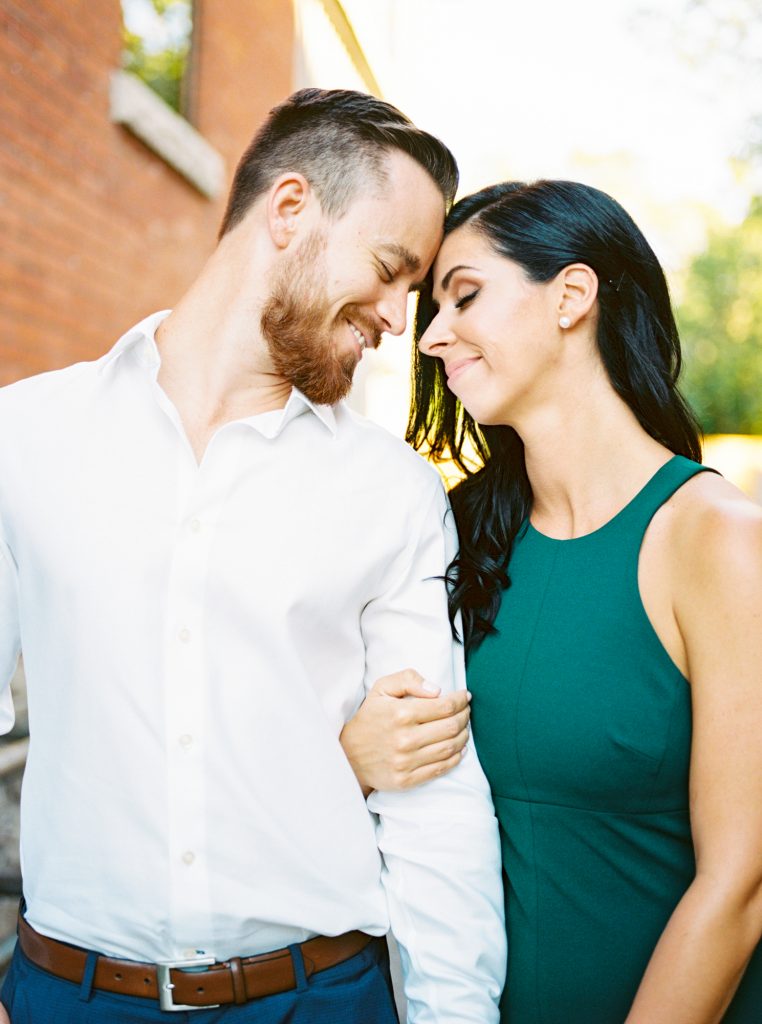 Downtown Hamilton engagement session with an emerald green Vera Wang dress photographed on Locke Street and along Princess Point by Hamilton wedding photographer Kayla Yestal www.kaylayestal.com