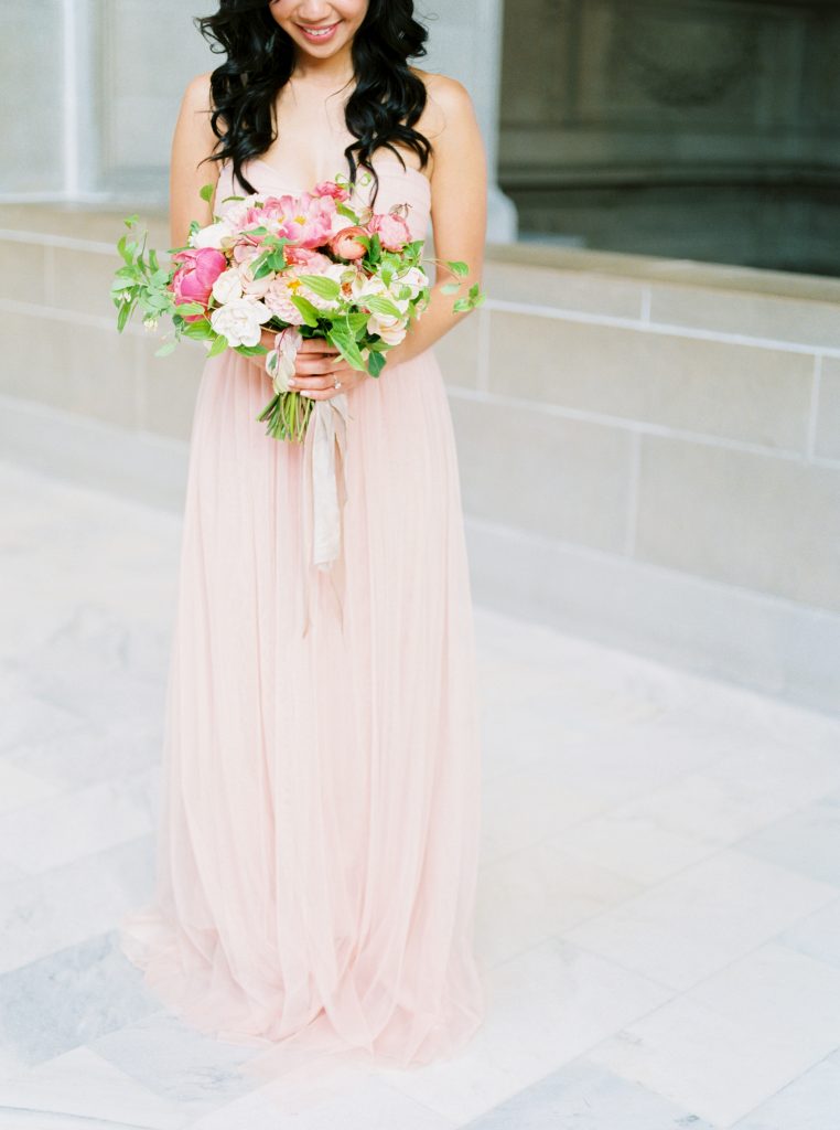 Spring engagement session at San Francisco City Hall | California Engagement Session | Engagement Session Venues in San Francisco | Forever 21 Bridesmaid Dresses | California Wedding Photographer Kayla Yestal | Indoor Engagement Session | Pink Peony bouquet by La Lavande floral design with Silk and Willow Ribbon