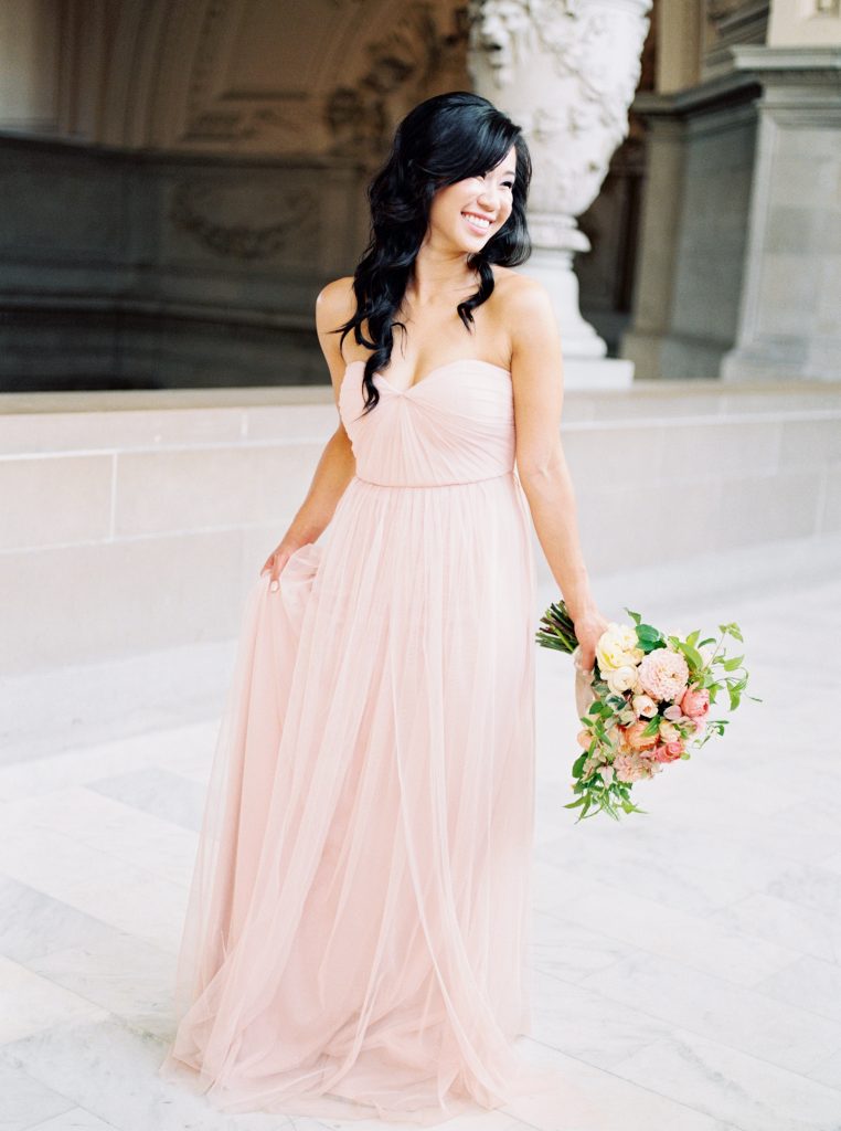 Spring engagement session at San Francisco City Hall | California Engagement Session | Engagement Session Venues in San Francisco | Forever 21 Bridesmaid Dresses | California Wedding Photographer Kayla Yestal | Indoor Engagement Session | Pink Peony bouquet by La Lavande floral design with Silk and Willow Ribbon