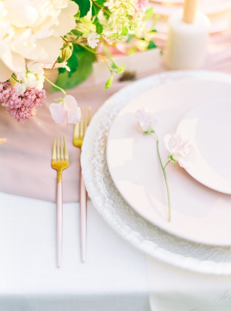 Elora Mill Wedding | Gold and Blush Wedding Flatware | Blush Chiffon Table Runner | Pink Feminine Wedding Inspiration | Simply Beautiful Decor Rentals | Elora Wedding Photographer Kayla Yestal www.kaylayestal.com