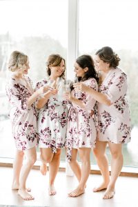Elora Mill Wedding photographed by Elora wedding photographer Kayla Yestal | Ontario Fine Art Wedding Photographer | Le Rose Wedding Robe | Pink Floral Wedding Robe | Bridesmaids Getting Ready Outfits | Elora Mill Solarium Suite