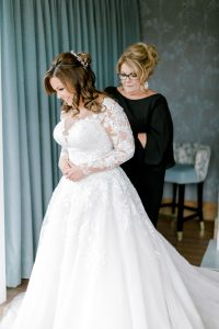 Elora Mill Wedding photographed by Elora wedding photographer Kayla Yestal | Ontario Fine Art Wedding Photographer | Allure Bridals Lace Wedding Dress | Medium Length Wedding Hairstyles | Elora Mill Solarium Suite
