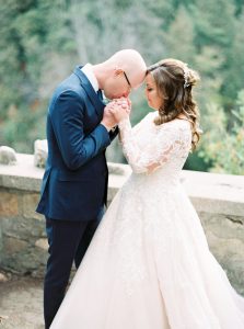 Elora Mill Wedding photographed by Elora wedding photographer Kayla Yestal | Ontario Fine Art Wedding Photographer | Allure Bridals Lace Wedding Dress | Medium Length Wedding Hairstyles | Wedding Photography Posing Inspiration | Victoria Park Elora Wedding Photos