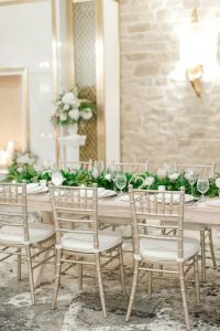 Elora Mill Wedding photographed by Elora wedding photographer Kayla Yestal | Ontario Fine Art Wedding Photographer | Silver Reception Chairs | Soft Purple Wedding Inspiration | Light Purple Floral Design | Elora Mill Irvine Room