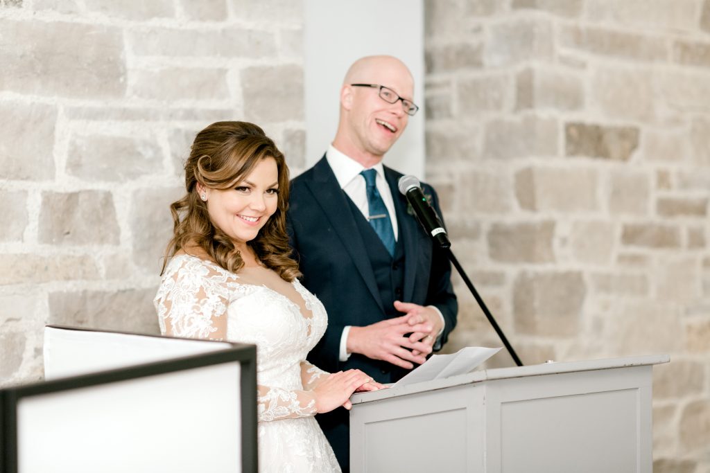 Elora Mill Wedding photographed by Elora wedding photographer Kayla Yestal | Ontario Fine Art Wedding Photographer | Wedding Reception Speech Photos | Elora Mill Irvine Room